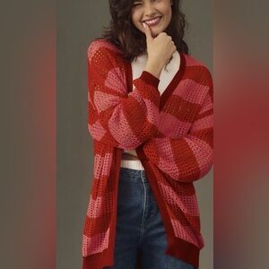Anthropologie Farm Rio❤️Cotton Red & Pink Striped Open-Front Cardigan Sweater
